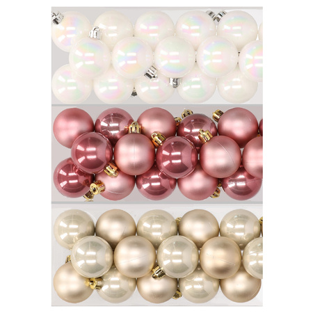 48x Christmas baubles mix pearlescent white, dusty pink and champagne 4 cm plastic matte/shiny