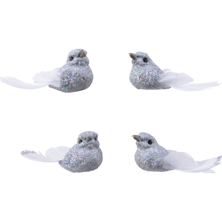 4x Decoration glitter silver birds on clip 5 cm