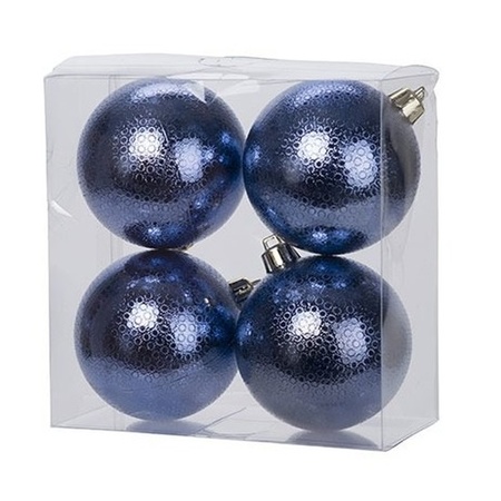 4x Donkerblauwe cirkel motief kerstballen 8 cm kunststof