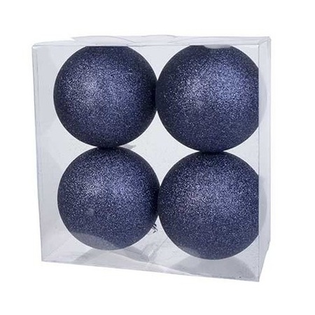 4x Dark blue glitter Christmas baubles 10 cm plastic