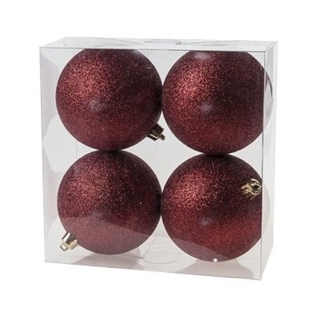 4x Donkerrode glitter kerstballen 10 cm kunststof