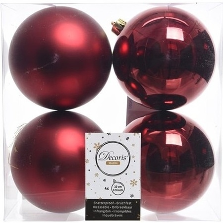 4x Donkerrode kerstballen 10 cm kunststof mat/glans