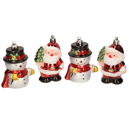 4x Kersthangers figuurtjes sneeuwpop en kerstman kunststof 7,5 cm