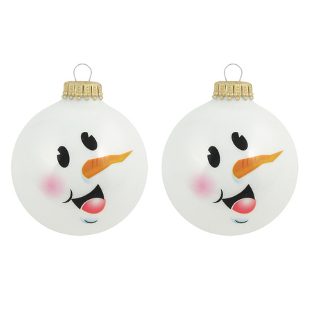 4x Luxury glitter white glass christmas baubles with snowman 7 cm