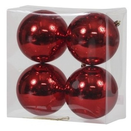 4x Red Christmas baubles shiny 12 cm plastic 