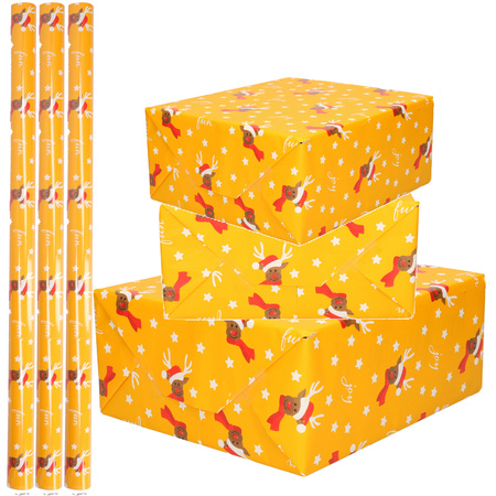 4x Rollen Kerst inpakpapier/cadeaupapier oker geel/rendieren fun 2,5 x 0,7 meter