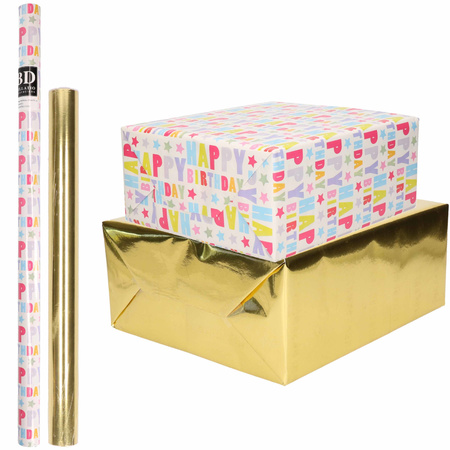 4x Rolls kraft wrapping paper happy birthday pack - metallic gold 200 x 70/50 cm