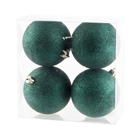 4x pcs plastic glitter christmas baubles dark green 10 cm