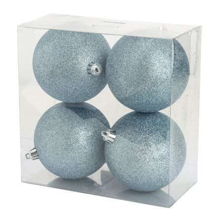 4x pcs plastic glitter christmas baubles ice blue 10 cm