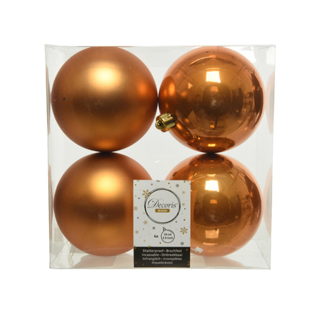 4x stuks kunststof kerstballen cognac bruin (amber) 10 cm glans/mat