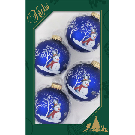 4x stuks luxe glazen kerstballen 7 cm blauw met sneeuwpop