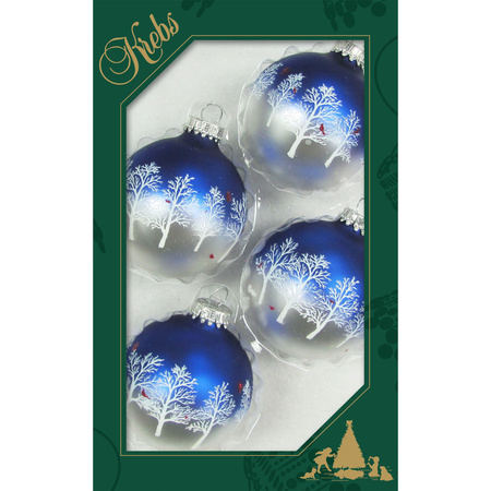 4x stuks luxe glazen kerstballen 7 cm blauw/zilver met bomen