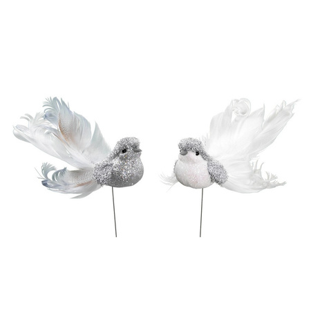 4x Zilveren decoratie vogeltjes met glitters op draad 16 cm