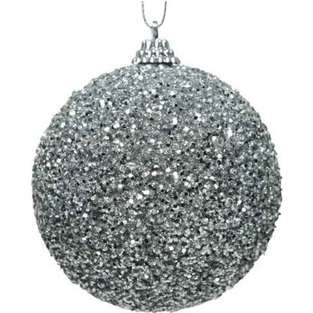 4x Zilveren glitter kralen kerstballen 8 cm kunststof