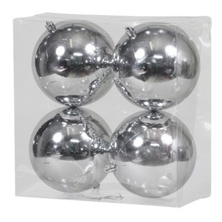 4x Silver Christmas baubles shiny 12 cm plastic