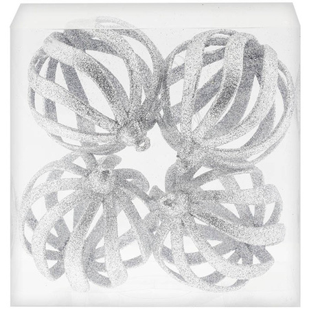 4x Zilveren open draad kerstballen met glitters kunststof 8 cm