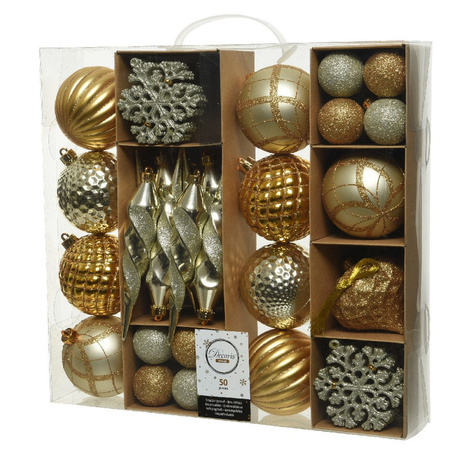 50x Gouden kerstballen en figuren 4-8-15 cm kunststof mix incl. ophanghaakjes