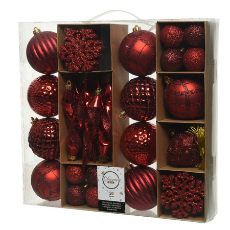 50x Rode kerstballen en figuur hangers 4-8-15 cm kunststof mix