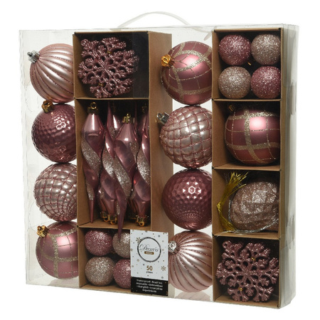 50x Pink Christmas baubles 4-8-15 cm plastic mix with hooks