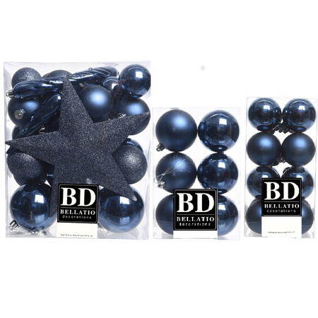 55x stuks kunststof kerstballen met ster piek donkerblauw mix