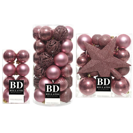 55x stuks kunststof kerstballen met ster piek oudroze (velvet pink) mix
