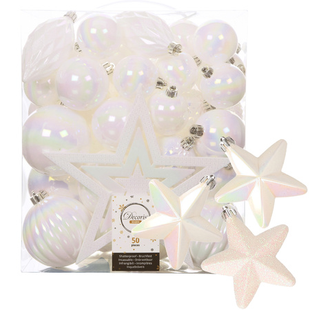 56x stuks kunststof kerstballen en ornamenten met ster piek parelmoer wit