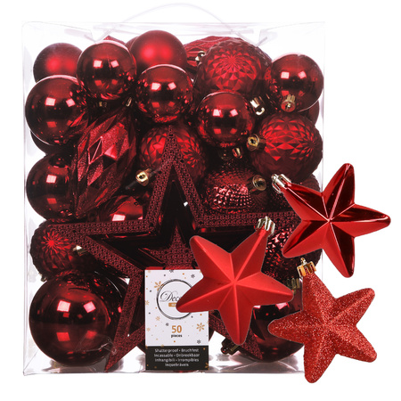 56x pcs plastic christmas baubles and ornaments including tree topper red