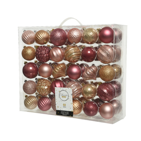 60x pcs plastic christmas baubles pink/brown mix 6 and 7 cm