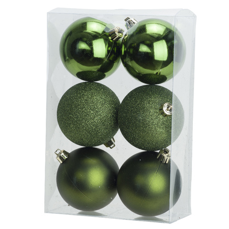 12x Christmas baubles mix apple green and white 8 cm plastic matte/shiny/glitter