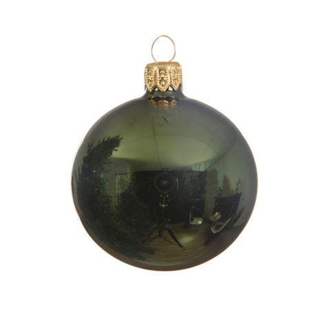 6x Dark green glass Christmas baubles 6 cm shiny