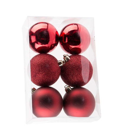 12x Christmas baubles mix aubergine and dark red 8 cm plastic matte/shiny/glitter