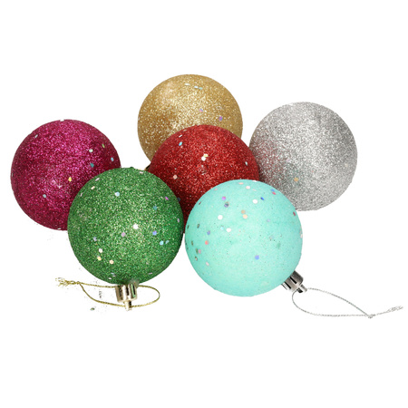 6x Gekleurde glitter kerstballen van piepschuim 6 cm