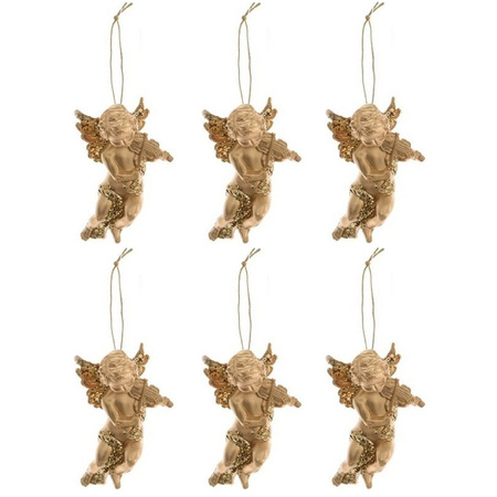 6x Gold angels with violin Christmas tree decoration 10 cm