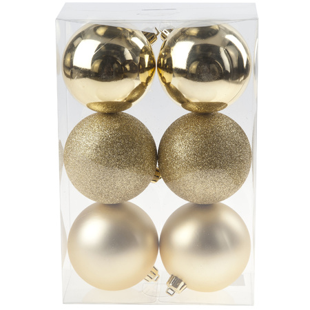 12x Christmas baubles mix champagne and gold 8 cm plastic matte/shiny/glitter