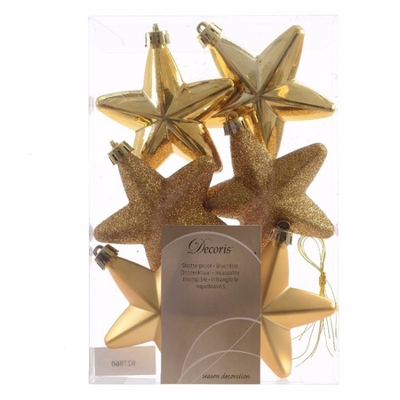 Pakket 32x stuks kunststof kerstballen en sterren ornamenten goud