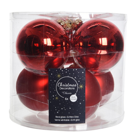 Large set glass Christmas boubles 50x pieces christmas red 4-6-8 cm with tree topper frosted