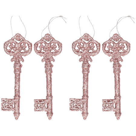 6x Kersthangers oud roze sleutel met glitters 15 cm