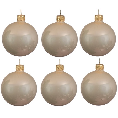 6x Light pearl/champagne glass Christmas baubles 6 cm shiny
