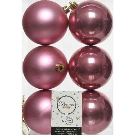 12x Christmas baubles mix dusty pink and black 8 cm plastic matte/shiny