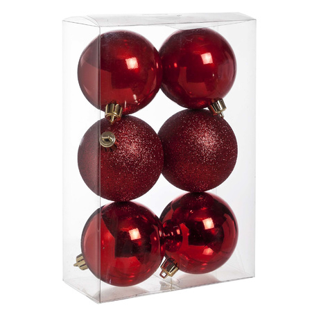 12x stuks kunststof kerstballen mix van rood en zilver 8 cm