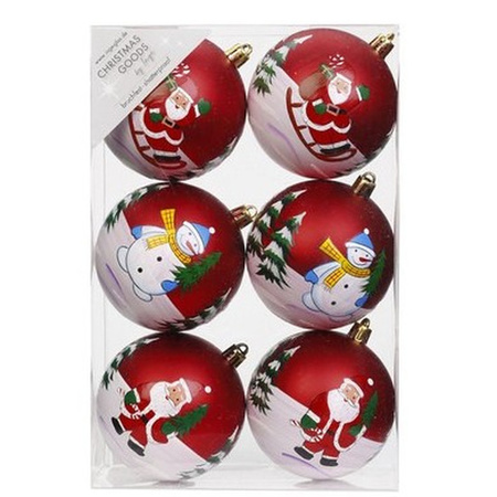 6x Rode kerstballen cm kunststof met print voor kerst bestellen, decoratie winkel met 6x Rode kerstballen 8 cm kunststof met print