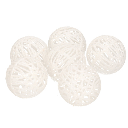 6x Rattan christmas baubles white with glitter 5 cm tree decoration