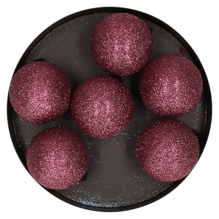 6x stuks kunststof glitter kerstballen aubergine roze 8 cm