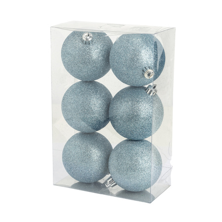 6x stuks kunststof glitter kerstballen ijsblauw 8 cm
