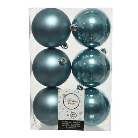 6x stuks kunststof kerstballen ijsblauw (blue dawn) 8 cm glans/mat