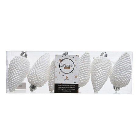 Christmas baubles and pinecones ornaments - 26x pcs - white - plastic - 6, 8 and 10 cm