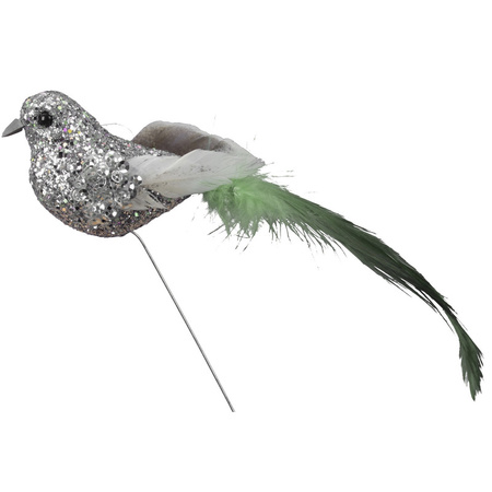 6x Zilveren decoratie glitter vogeltjes op draad 15 cm