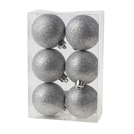 6x Zilveren glitter kerstballen 6 cm kunststof