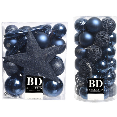 70x stuks kunststof kerstballen met ster piek donkerblauw 5, 6 en 8 cm