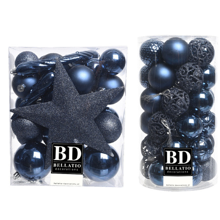 70x stuks kunststof kerstballen met ster piek donkerblauw mix